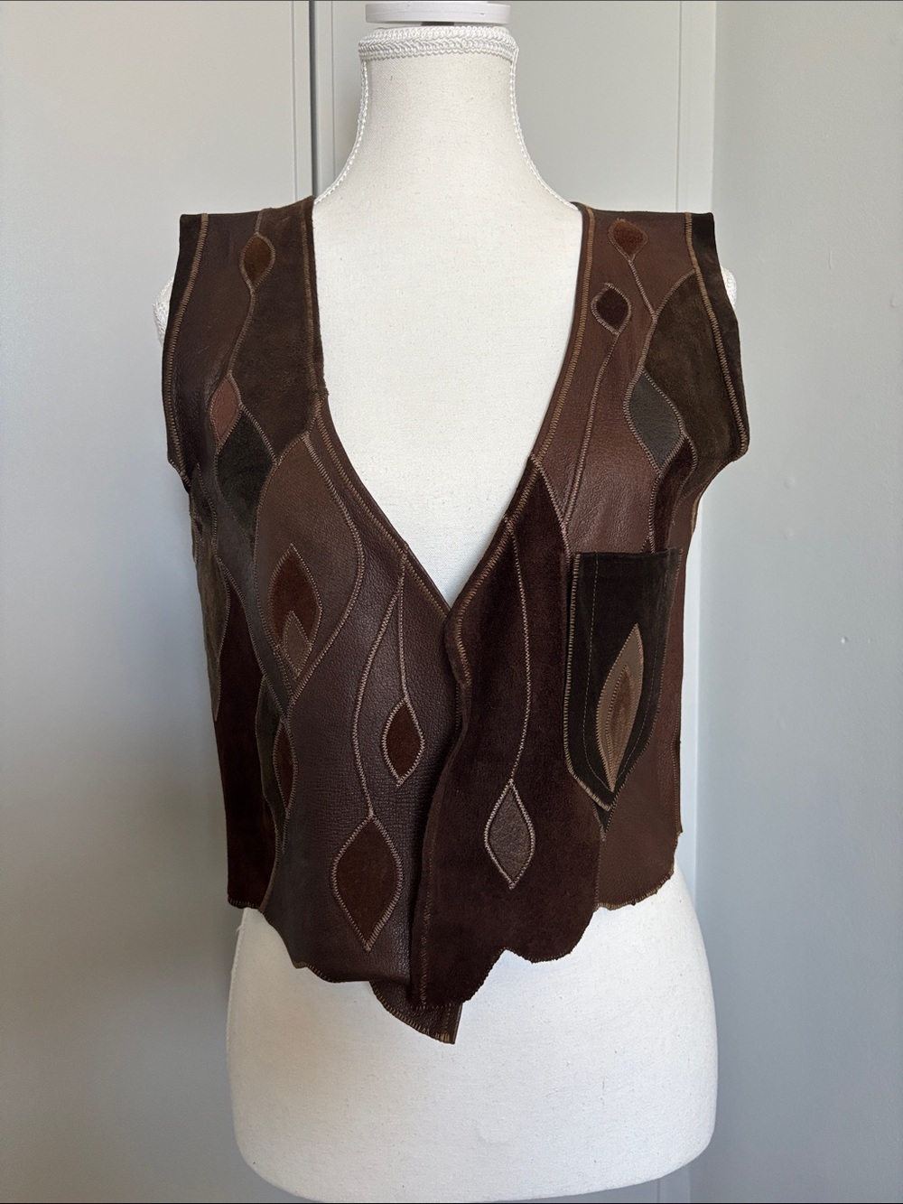 Vintage Boho Brown Suede Patchwork Vest - Earth Tone Leather Details